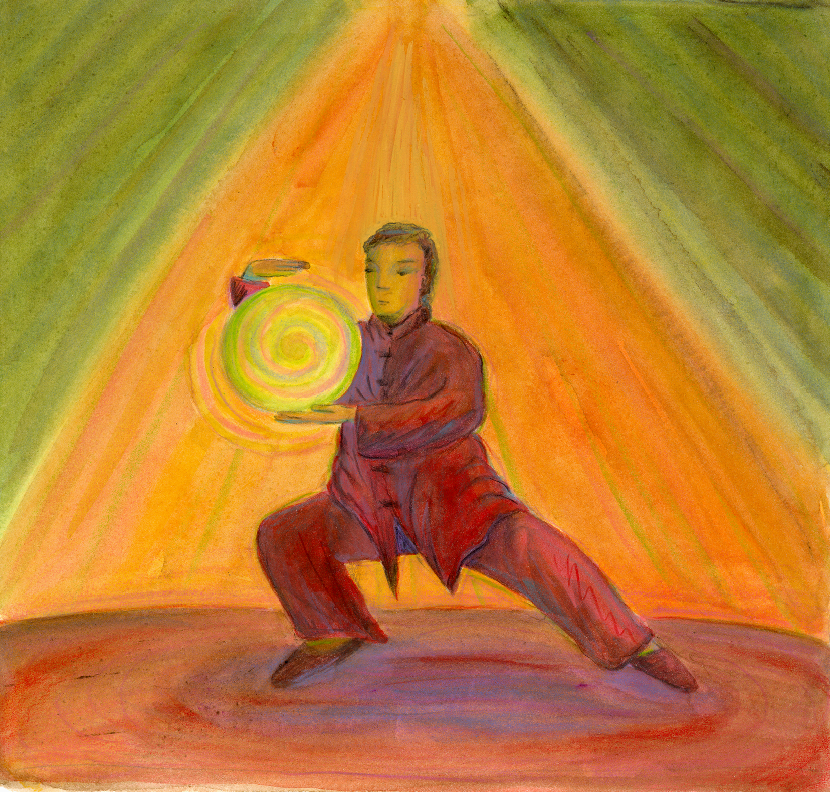 A student in a martial arts uniform holds a ball of glowing energy in front of their body, a visualization of an internal Qigong practice.