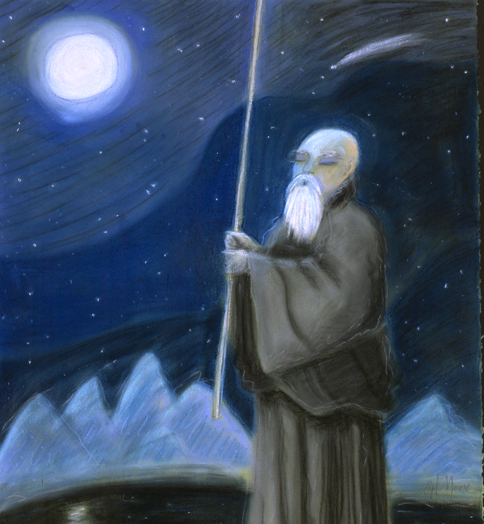 An elderly man in robes holds a staff vertically in front of him, eyes closed, in the moonlight.