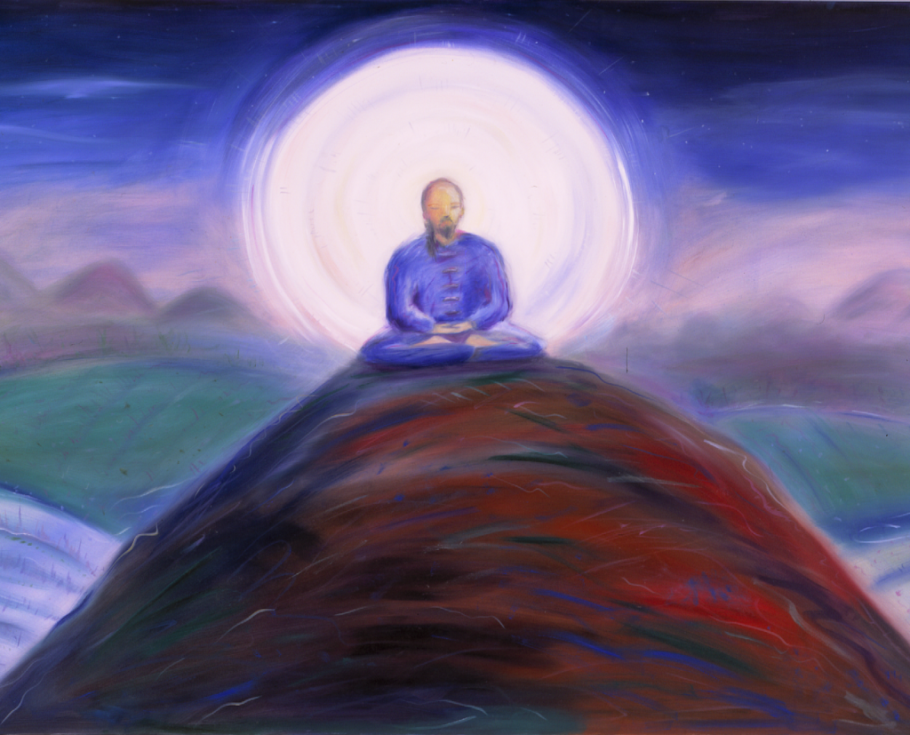 Painting of a man in a martial arts uniform meditating in full lotus pose atop a hill with a full moon directly behind him.